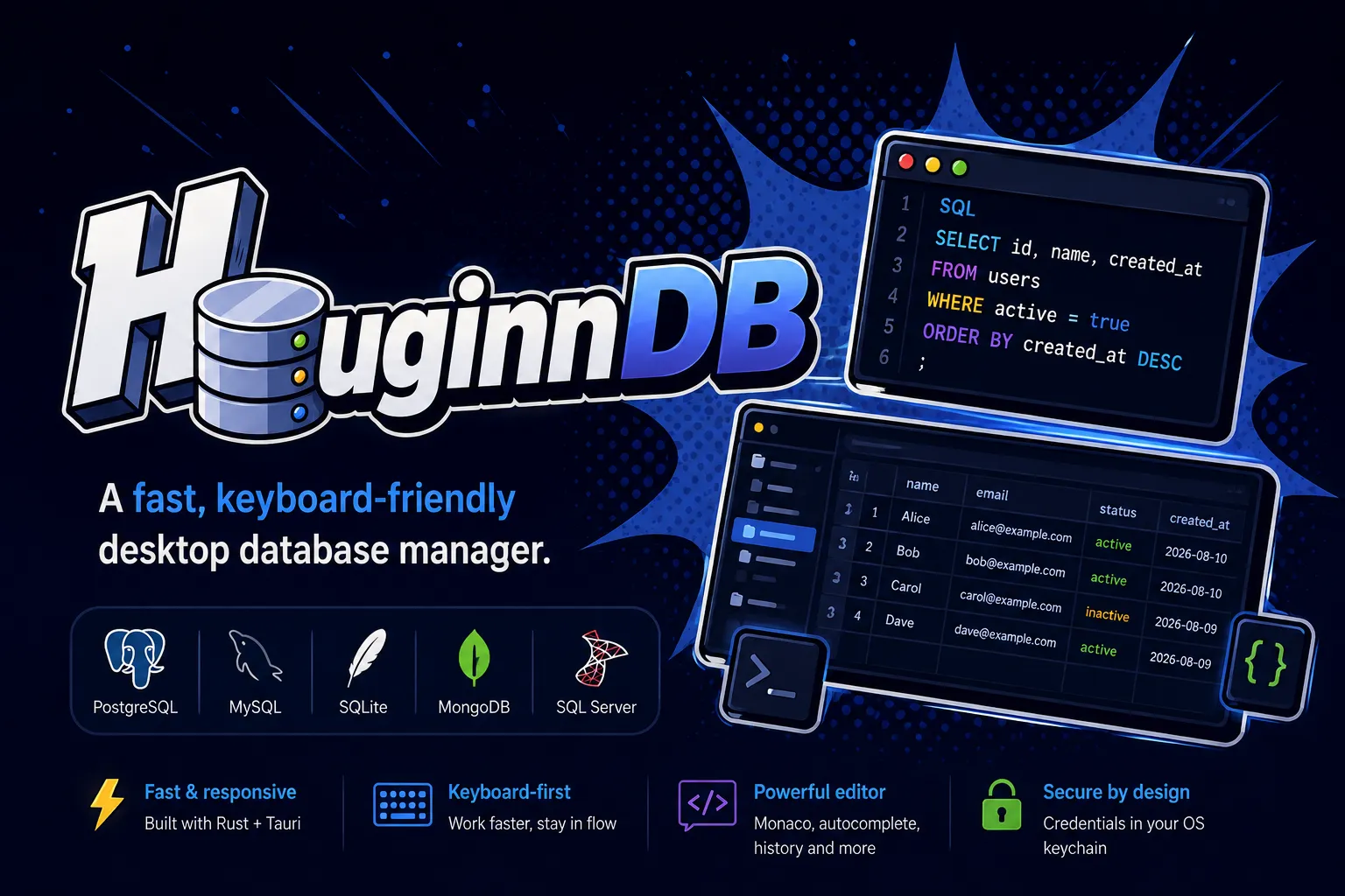 huginnDB, gestor de bases de datos de escritorio rápido y pensado para teclado, compatible con PostgreSQL, MySQL, SQLite, MongoDB y SQL Server